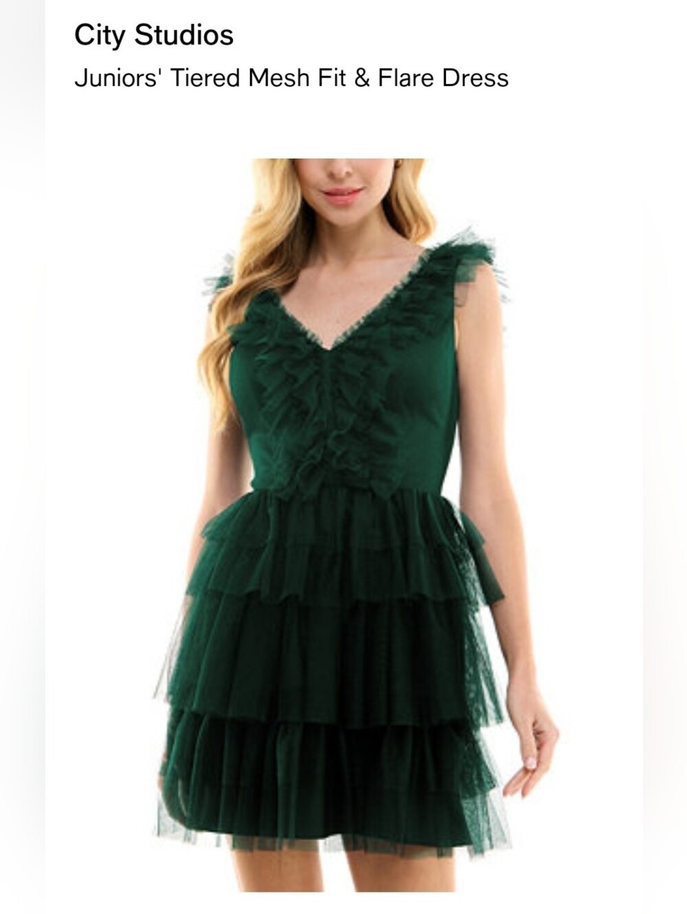 City Studio Tiered Ruffle V‑Neck Mini Dress - Forest Green